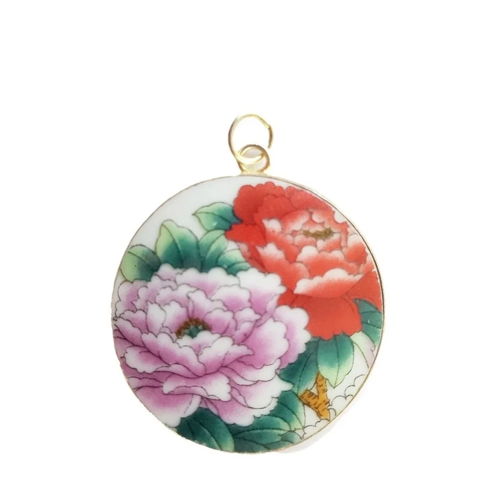 Vintage Transferware Porcelain Floral Pendant Round Peony Pink & Red Peonies